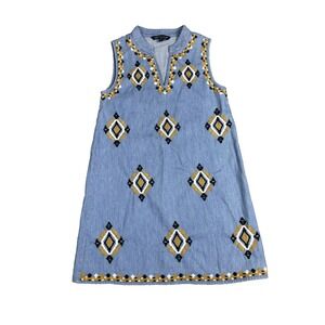 Blu & Blue Girls Sleeveless Denim‎ Tunic Medium Wash Embroidered Boho Cute